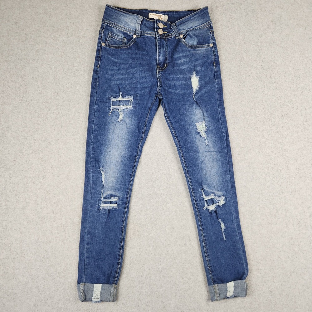 Celebrity Ace Skinny Jeans Womens 5/27 Blue Distressed High Rise Double Button